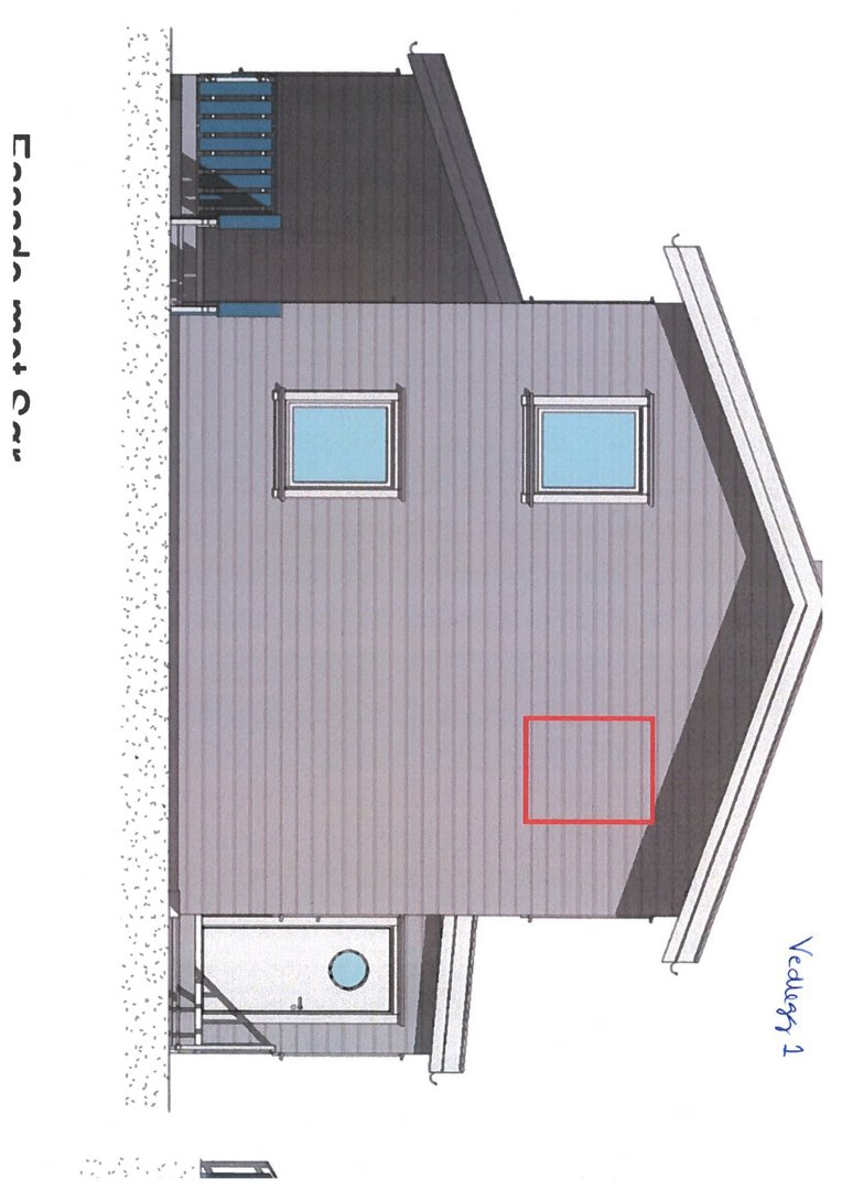 Fasadetegning som viser bygningens utside med vinduer, tak og fasademateriale.