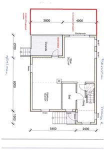 Etasjeplan (1. etasje) som viser romfordeling, mål og eksisterende deler av en bolig.
