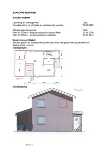 Bildet viser en fasadetegning (opprikk) av en bygning med et vindu markert i rødt, samt en plantegning over samme bygning øverst på siden.