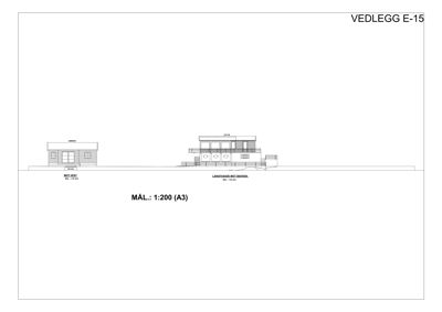 Fasadetegning som viser bygningens utseende fra to vinkler: 'MOT VEIST' og 'LANGFASADE MOT BAKKEN'.