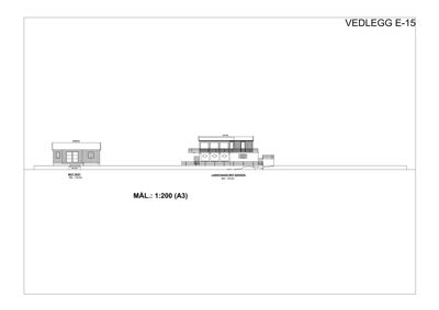 Fasadetegning som viser bygningens utseende sett fra to ulike vinkler (NØDVEST og LÅNGSÅKSK MOT SØDREN).