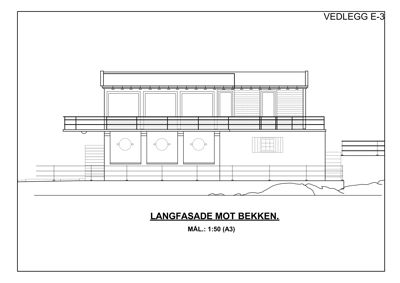 Langfasade tegning mot Bekken med mål 1:50