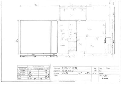 Etasjeplan (kjeller) med romfordeling, mål og arealoppsett.