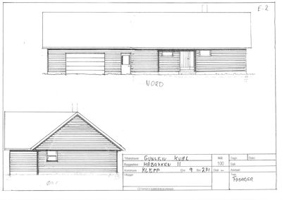 Fasadetegning som viser front- og sideutsikt av en bygning.