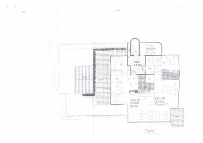 Etasjeplan (FETA) som viser romfordeling, arealer og inndeling for leilighetene A7 og B7.