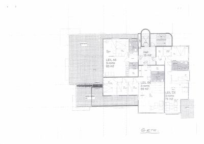 Etasjeplan som viser romfordeling og areal for leilighetene A6, B6 og C6 samt fellesarealer.