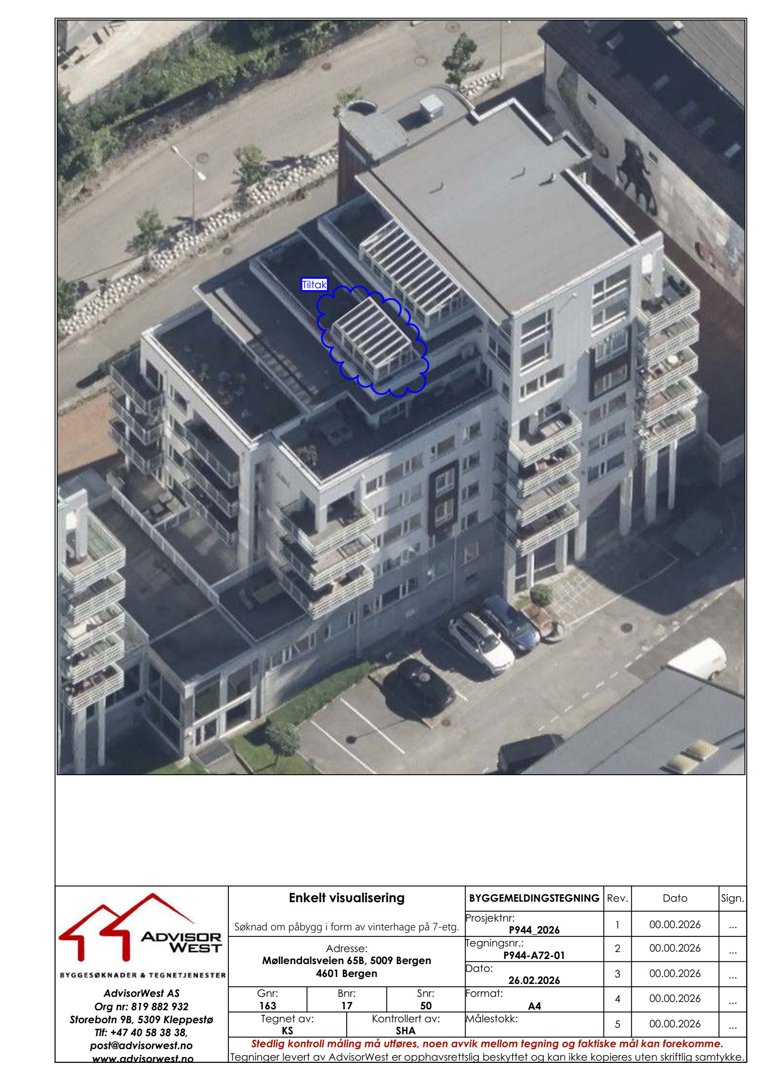 Fotografi av en eksisterende bygning med en markert vinterhage på taket.