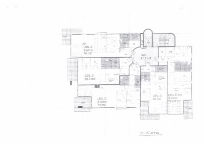 Etasjeplan som viser romfordeling og arealer for leiligheter A, B, C, D og E på 3.-5. etasje.