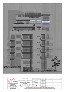 Fasadetegning av en bygning sett fra nord, med detaljer om balkonger, vinduer og parkeringsplasser.