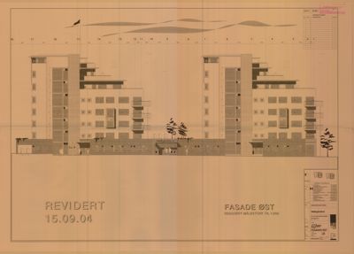 Fasadetegning (opprikk) av en bygning sett fra øst