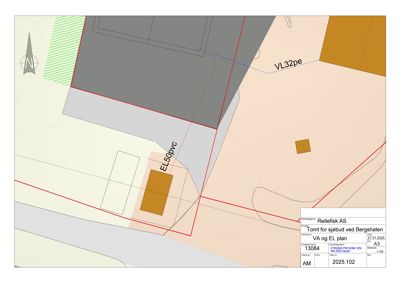 Situasjonsplan som viser tomt for sjøbud ved Bergshølen, med angitte vannledninger (EL50pvc, VL32pe) og bygningsplassering.