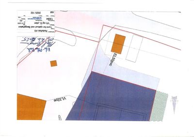 Situasjonsplan som viser tomtens grenser, nabolag, og plassering av vann- og avløpsledninger (EL50pvc, VL32pe).