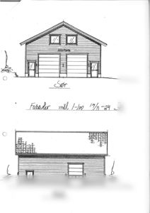Fasadetegning som viser bygningens utseende fra to sider: Sør og Aust. Tegningen inkluderer vinduer, dører, takform og skråning, samt håndskrevet skala og dato.