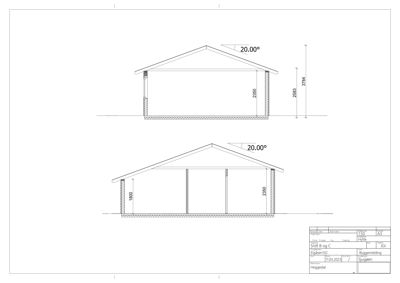 Snittegning som viser tverrsnittet av en hytte med mål på vegger, takhøyde og takhelling.