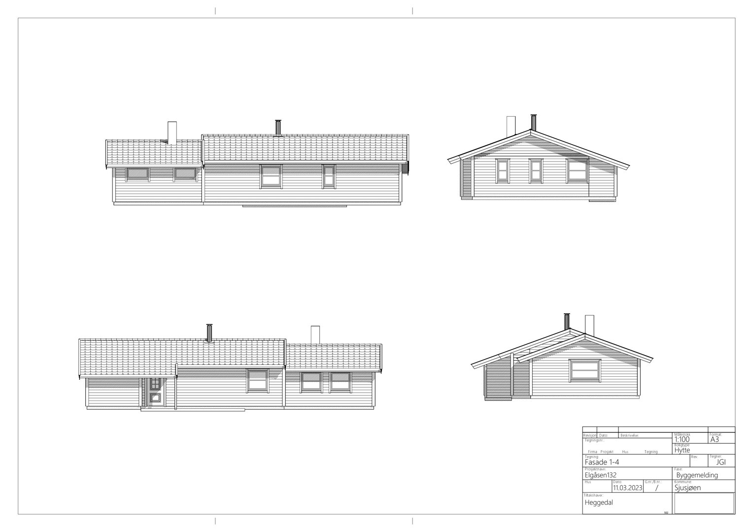 Fasadetegning som viser bygningens utsyn fra fire ulike vinkler (front, side, og to perspektiver).
