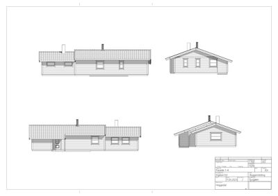 Fasadetegning som viser bygningens utsyn fra fire ulike vinkler (front, side, og to perspektiver).