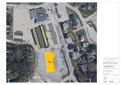 Situasjonsplan som viser tomtens beliggenhet, nabolag, veier og planlagt byggefelt.