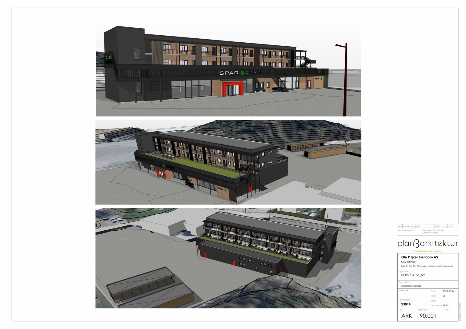 Tre 3D-visualiseringer (renderinger) av et byggeprosjekt sett fra ulike vinkler.