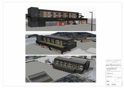 Tre 3D-visualiseringer (renderinger) av et byggeprosjekt sett fra ulike vinkler.