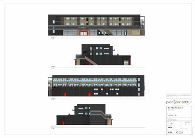 Fasadetegning som viser bygningens utsyn fra fire ulike vinkler (Fasade 1-4).