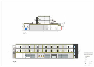 Tegning som viser tverrsnitt gjennom bygningen (Snitt A og Snitt B) med mål og detaljer.