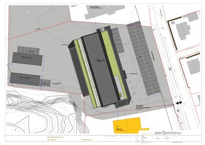 Situasjonsplan som viser bygningens plassering i forhold til tomme, vei, naboeiendommer og terrengforhold.