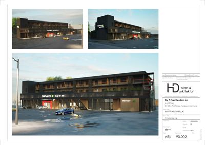 3D-visualisering (rendering) av en planlagt bygning (SPAR-butikk) med omgivende miljø.