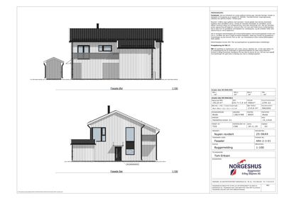 Fasadetegning som viser bygningens utseende fra to vinkler (Sør og Vest) med mål og tekniske opplysninger.