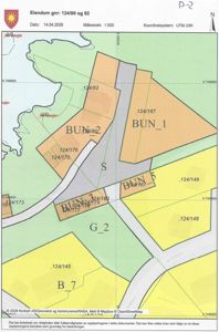 Situasjonsplan som viser eiendomsinndeling (gnr/bnr), bygningplassering (BUN_1, BUN_2 osv.) og vegnett i området.