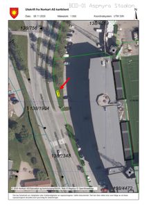 Kartutsnitt (Norkart) som viser tomt, veier og bygninger med koordinater og arealnummer.