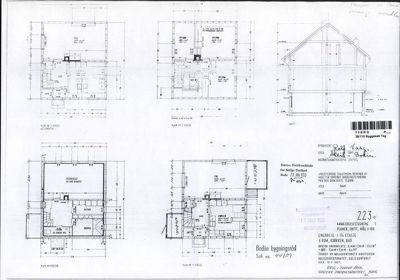 Bildet viser en samling arkitekttegninger, inkludert etasjeplaner (plan 1. etasje, plan 2. etasje, plan 1. etasje, plan 2. etasje), et snitt (Snitt) og en fasade (Fasade).