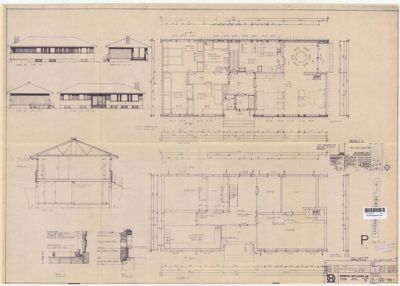 En arkitekttegning som viser etasjeplaner (planer) og fasadeopprikk for en bolig. Tegningen inneholder romfordeling, dimensjoner og konstruksjonsdetaljer.