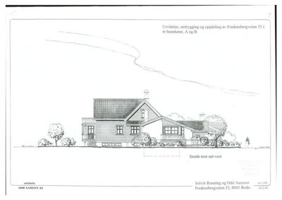 Fasadetegning som viser bygningens utseende fra sør-vest etter utvidelse og ombygging.