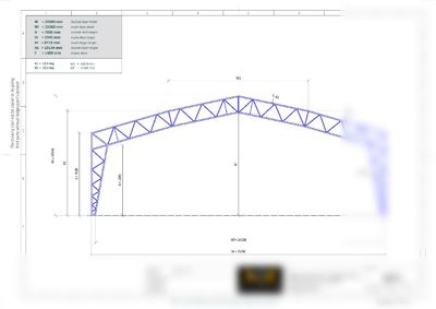 En illustrasjon (rendering) av en stålkonstruksjon (hall) med angitte mål og dimensjoner.