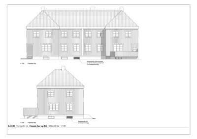 Tegning som viser fasadeoppsett for bygningen sett fra sør og øst.