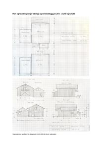 Bildet viser en tegning med både etasjeplaner (øverst) og fasadetekninger (nederst) for et båtslipp og verkstedbygg.