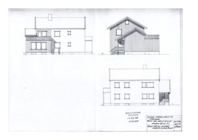 Fasadetegning som viser tre utsnitt av en bygning sett fra ulike vinkler.