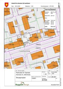 Situasjonsplan som viser tomt, nabobebyggelse, veier og utnyttelsesgrad.
