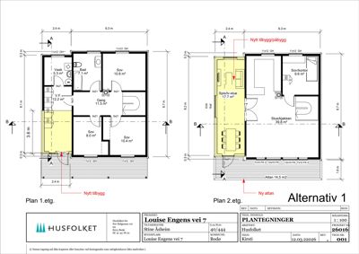 Etasjeplaner (1. og 2. etasje) for en byggesak med to alternativer for tilbygg.
