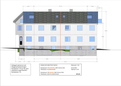 Fasadetegning som viser oppriss av bygningens yttervegg, vinduer, tak og grunnmur med mål og detaljer.