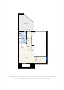 Etasjeplan som viser romfordeling med entré, bad, bod, garasje og terrasse.