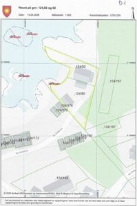 Situasjonsplan som viser eiendomsinndeling (gnr/bnr), bygningers plassering, vegnett og topografi for et område i Naust.