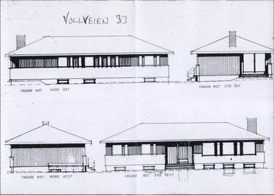 Fasadetegning for Vollveien 33 som viser bygningens utseende fra fire ulike retninger (Nord-Øst, Syd-Øst, Nord-Vest og Syd-Vest).