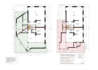 Plantegning som viser romfordeling, mål og endringer i etasjeplan for en bygning.