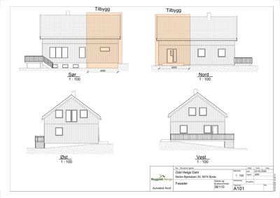 Fasadetegning som viser bygningens utsyn mot Sør, Nord, Øst og Vest med oppriss av tilbygg.