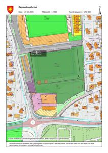 Reguleringsformål som viser arealbruksplaner, byggefelt og detaljer for en tomt.