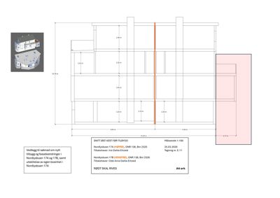 Snittegning (SNITT ØST-VEST) av en bygning med mål og etasjer, inkludert en 3D-visualisering i øvre venstre hjørne.