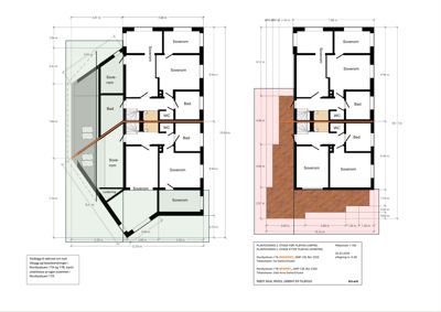 Bildet viser to etasjeplaner (plantegninger) for en bygning, med romoppdeling, mål og en tegning av en tilbygg- eller endringsplan.