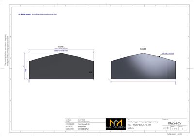 Fasadetegning som viser oppriss av to ulike gable (GABLE A og GABLE B) med mål og fargeangivelser.