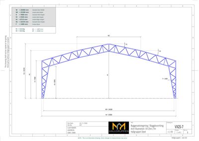 En illustrasjon (rendering) av en stålkonstruksjon (hall) med angitte mål og dimensjoner.